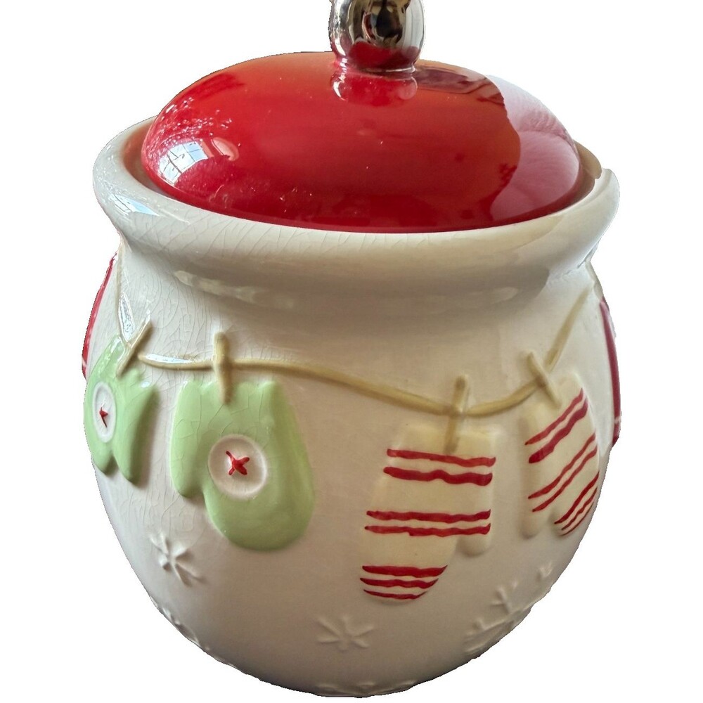 Hallmark 2005 Christmas Cookie Jar Mittens Jingle Bell Lid Vintage Ceramic
